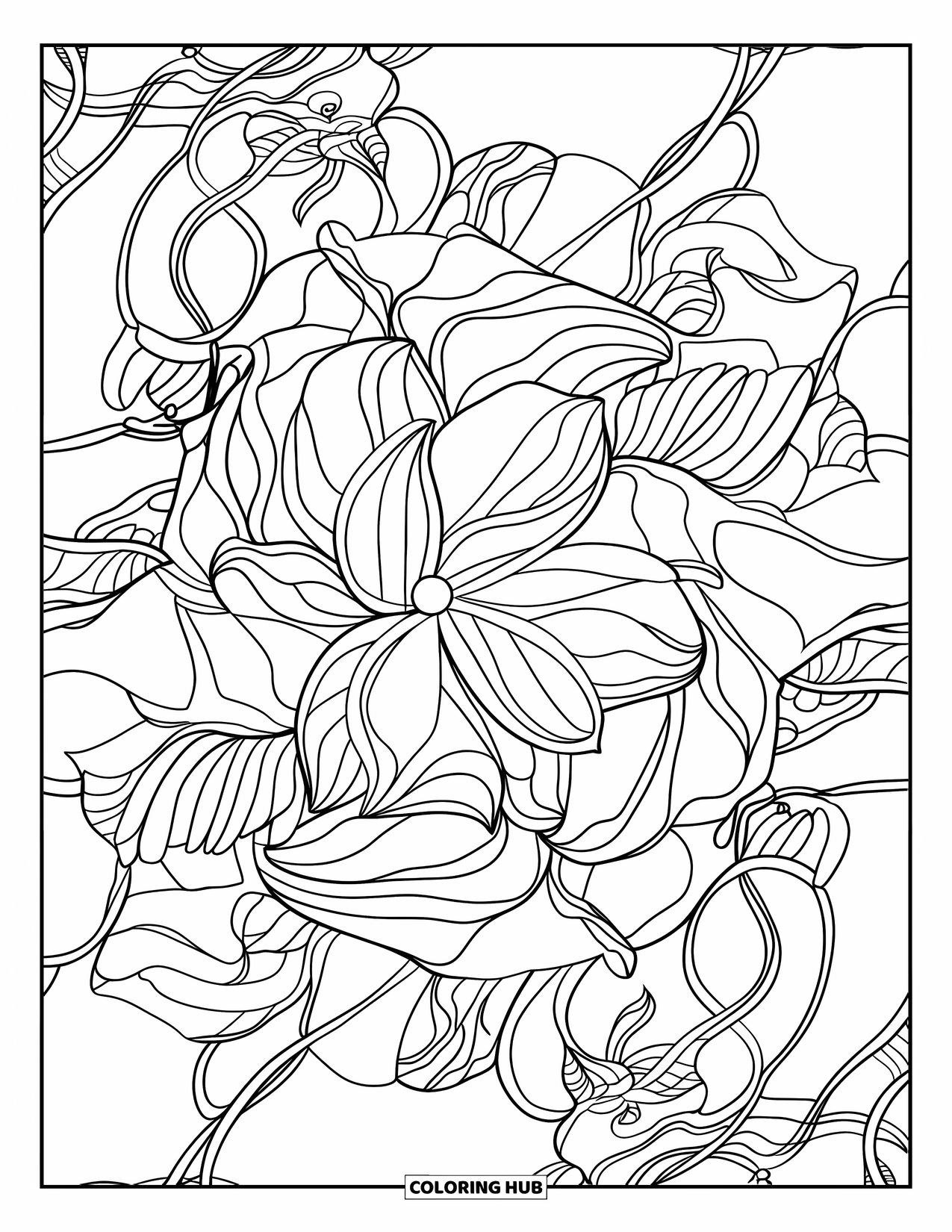 Bloemen Mandala Kleurplaat voor Volwassenen: Een mandala van lotus- en rozenbloemen met verweven wijnranken en strakke contouren