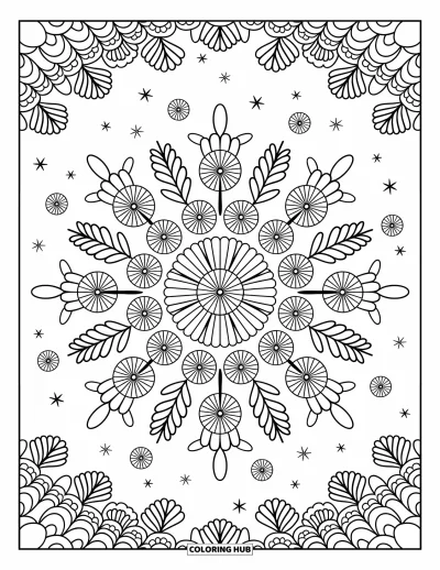 Blumenmandala-Ausmalbild für Erwachsene: Ein Ringelblumenmandala funkelt mit Blumenkonfetti, Blattbögen und verspielten Wirbeln