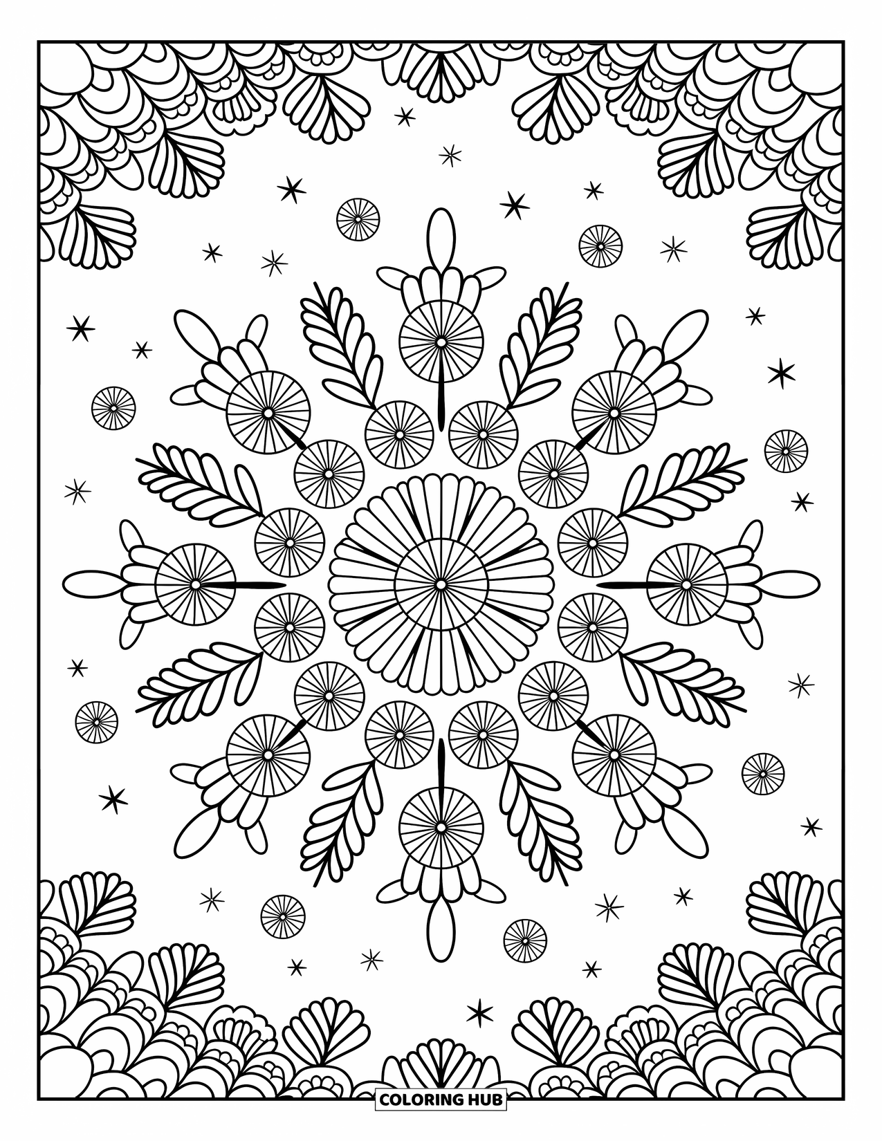 Bloemen Mandala Kleurplaat voor Volwassenen: Een goudsbloem mandala schittert met bloemen confetti, bladerige bogen en speelse wervelingen