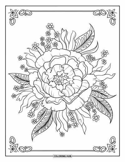 Blumenmandala-Ausmalbild für Erwachsene: Ein Pfingstrosenmandala mit gekräuselten Blütenblättern und kleinen Blumenakzenten für ruhige Konzentration