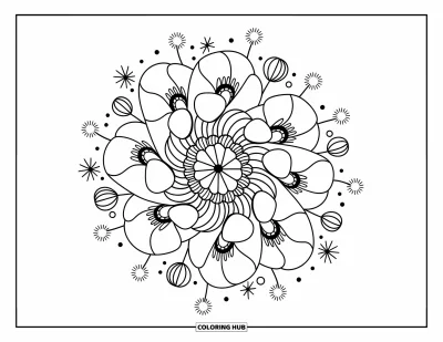 Blumenmandala-Ausmalbild für Erwachsene: Ein Mohnmandala schwingt mit Blütenblättern, Sternen, Punkten und kleinen Samenkapseln
