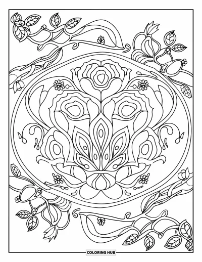 Blumenmandala-Ausmalbild für Erwachsene: Ein Rosen- und Lotusmandala, umrankt von eleganten Ranken und Blumenakzenten