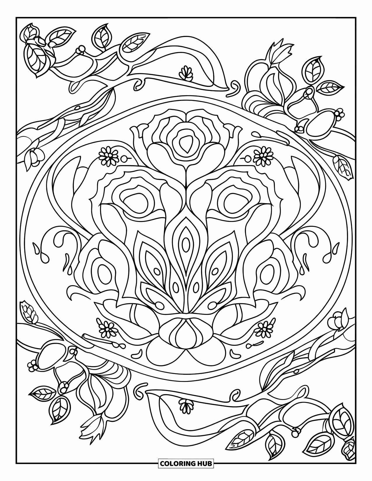 Bloemen Mandala Kleurplaat voor Volwassenen: Een roos- en lotusmandala, omwikkeld met elegante wijnranken en bloemaccenten