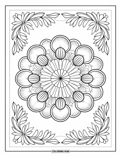 Blumenmandala-Ausmalbild für Erwachsene: Ein rundes Ringelblumenmandala mit strukturierten Blütenblättern und sanfter botanischer Umrahmung