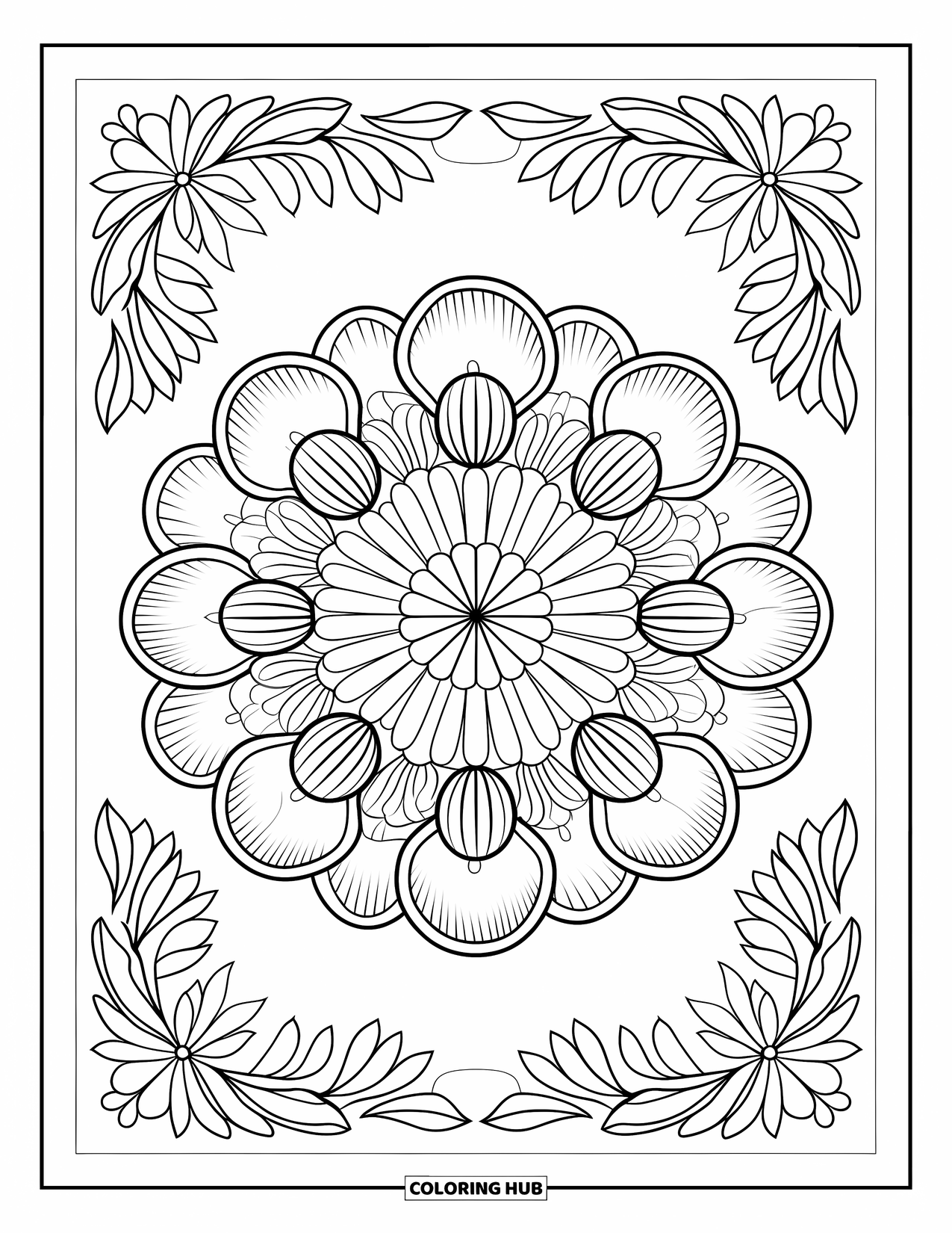 Bloemen Mandala Kleurplaat voor Volwassenen: Een ronde goudsbloem mandala met getextureerde bloemblaadjes en zachte botanische omlijsting