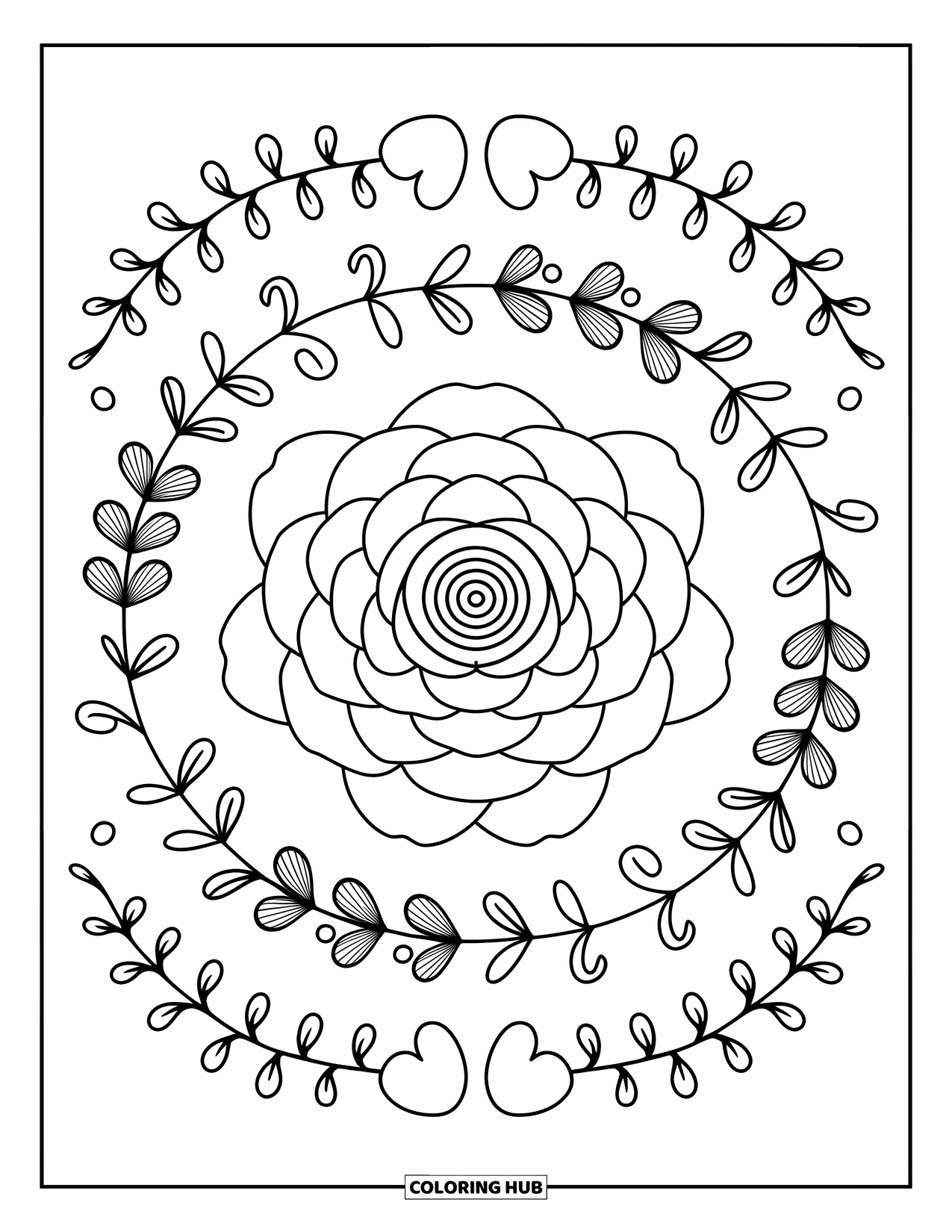 Bloemen Mandala Kleurplaat voor Volwassenen: Een afgeronde camelia mandala is omgeven door harten, bladvormen en gezellige versieringen