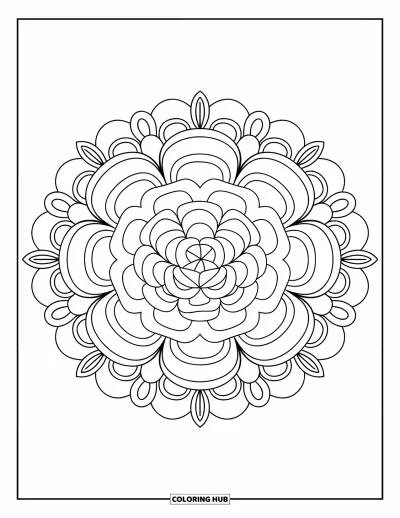 Blumenmandala-Ausmalbild für Erwachsene: Ein rundes Kamelienmandala mit geschichteten Blütenblättern und floralen Wiederholungen