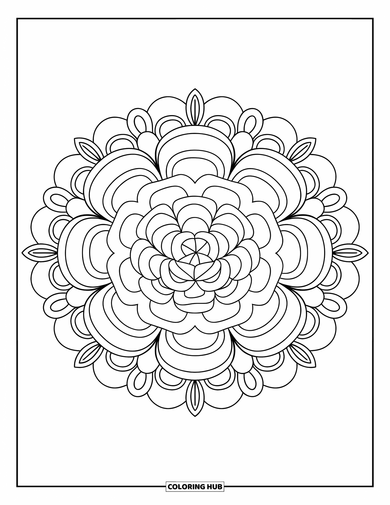 Bloemen Mandala Kleurplaat voor Volwassenen: Een afgeronde camelia mandala met gelaagde bloemblaadjes en bloemherhalingen
