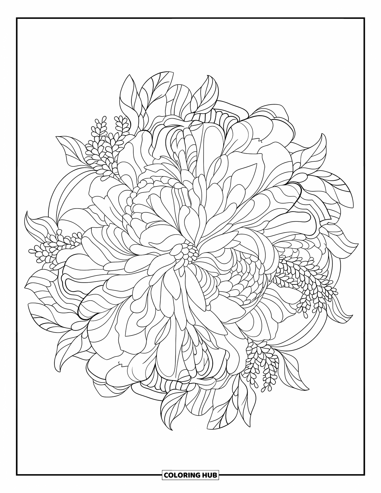 Bloemen Mandala Kleurplaat voor Volwassenen: Een zachte pioenroos mandala met afgeronde bloemblaadjes, bladeren en kleine bloemvormen
