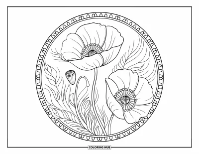 Blumenmandala-Ausmalbild für Erwachsene: Ein beruhigendes Mohnmandala mit klaren Konturen und einem Hauch von Blumendetails
