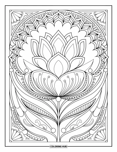 Blumenmandala-Ausmalbild für Erwachsene: Ein spiralförmiges Lotusmandala fließt mit Blättern und anmutigen Verzierungen