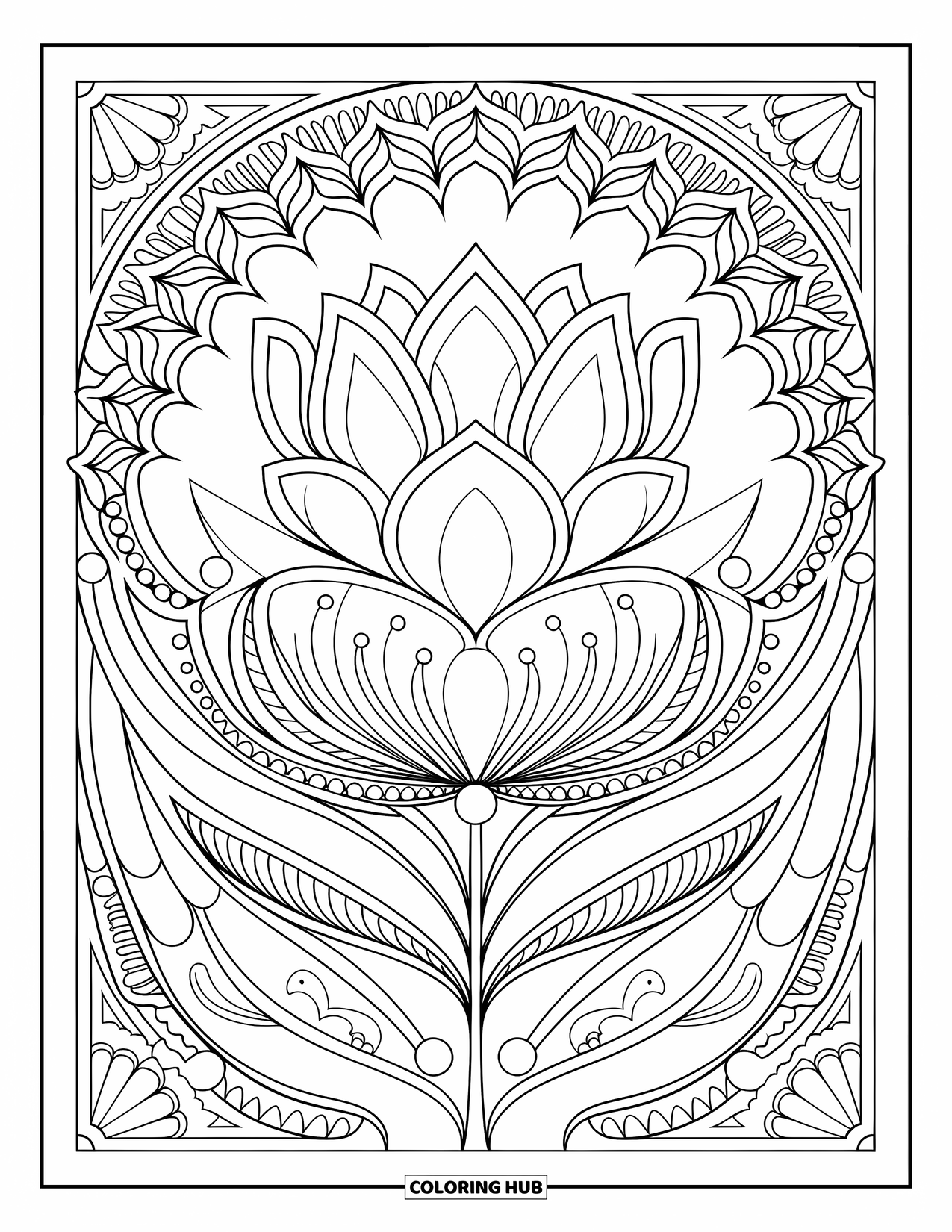 Bloemen Mandala Kleurplaat voor Volwassenen: Een spiraalvormige lotus mandala stroomt met bladeren en sierlijke versieringen