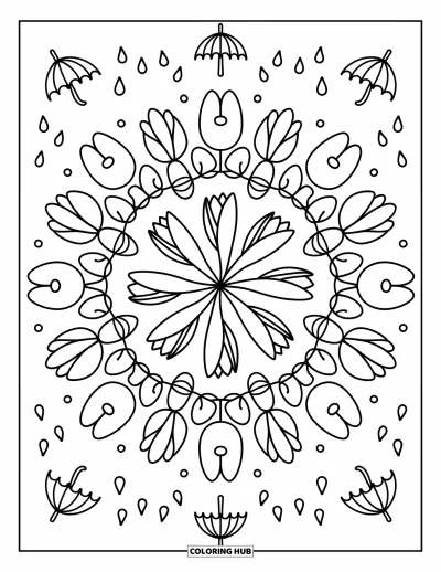 Blumenmandala-Ausmalbild für Erwachsene: Ein Frühlings-Tulpenmandala wirbelt mit Regen, Schleifen und blühenden Blättern