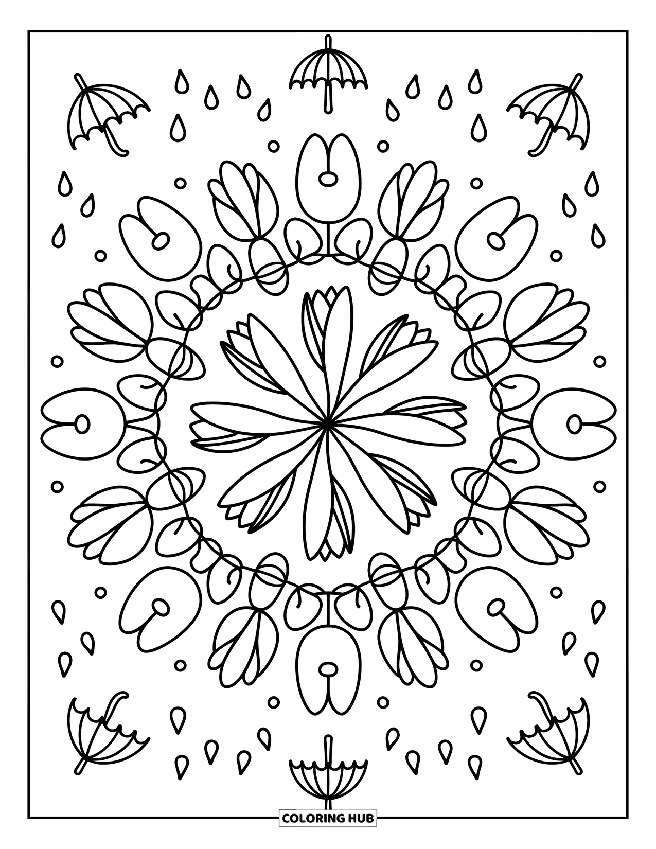 Bloemen Mandala Kleurplaat voor Volwassenen: Een lente tulpen mandala wervelt met regen, strikken en bloeiende bladeren