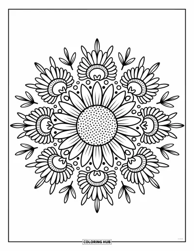 Blumenmandala-Ausmalbild für Erwachsene: Ein Sonnenblumenmandala leuchtet mit sanften Blättern, Schleifen und kleinen Herzen
