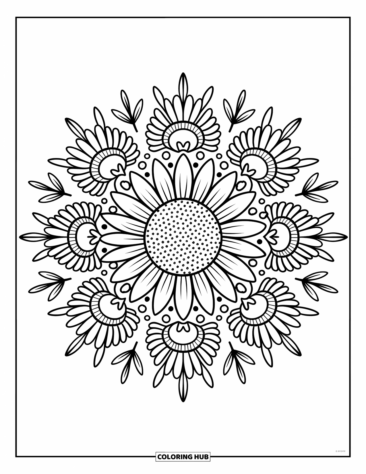 Bloemen Mandala Kleurplaat voor Volwassenen: Een zonnebloem mandala gloeit met gezellige bladeren, strikken en lieve kleine hartjes