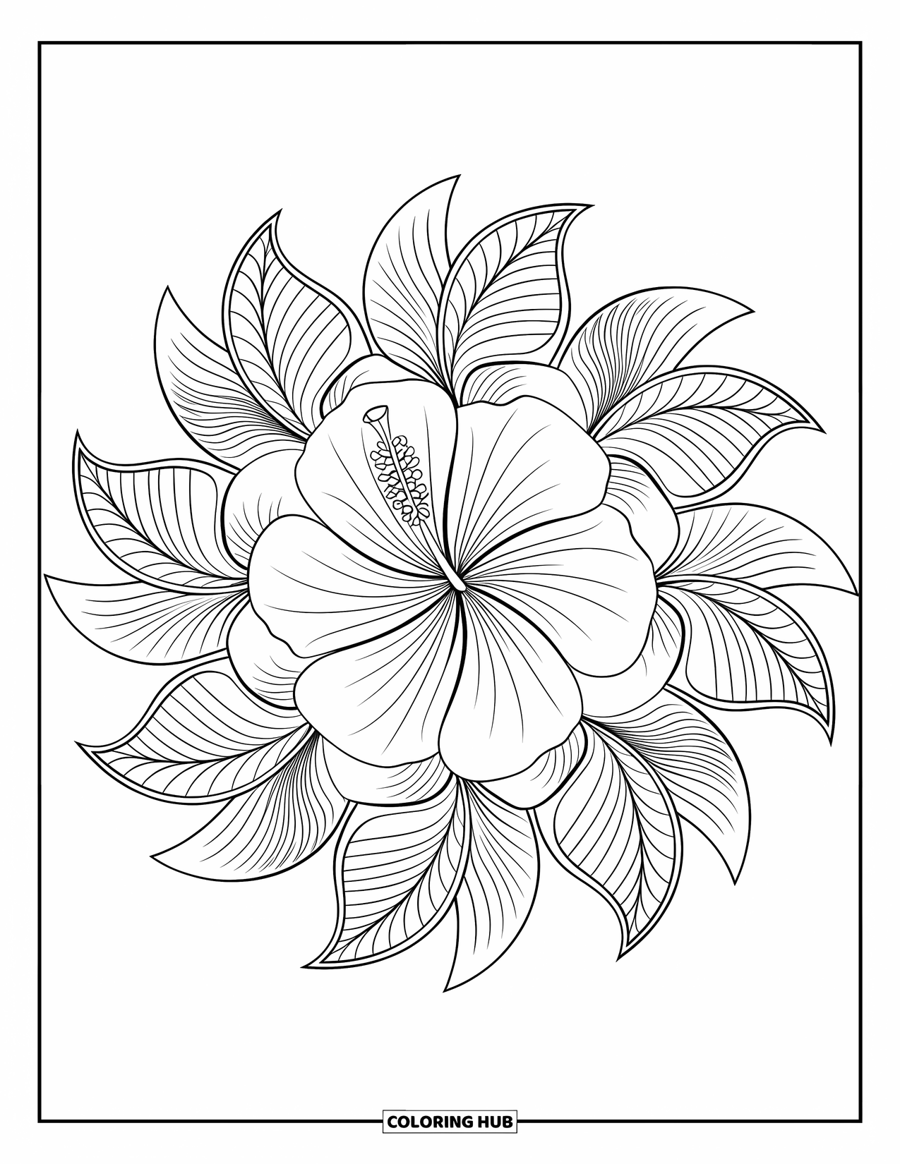 Bloemen Mandala Kleurplaat voor Volwassenen: Een tropische hibiscus mandala gevuld met vloeiende bloemblaadjes en gelaagde patronen