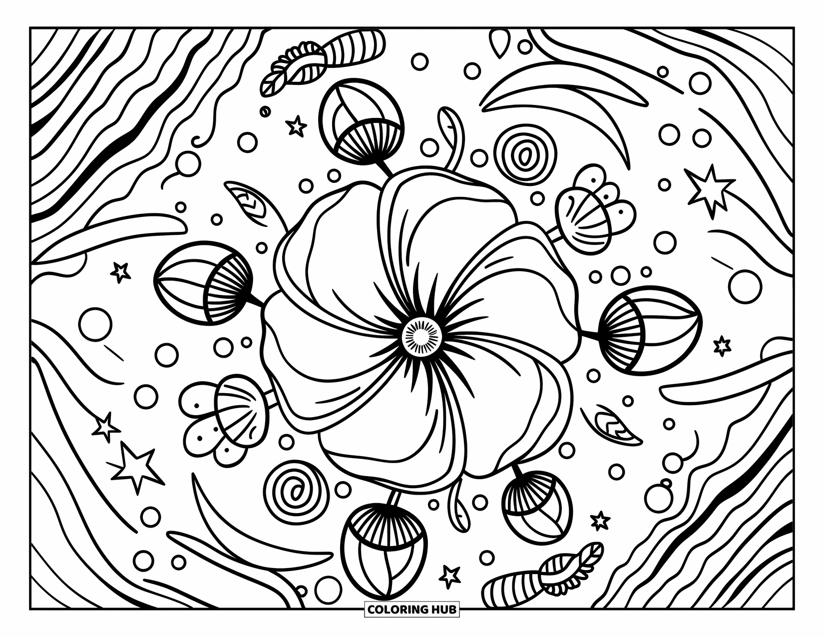Bloemen Mandala Kleurplaat voor Volwassenen: Een levendige klaproos mandala schittert met wervelende stelen, stippen en kawaii sterren