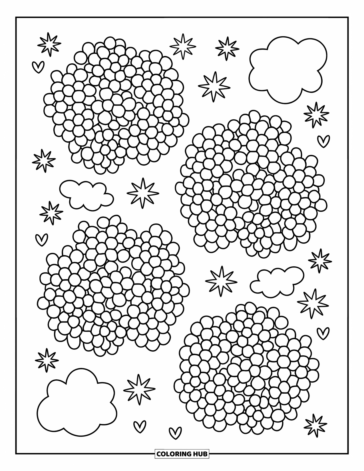 Bloemen Mandala Kleurplaat voor Volwassenen: Bubbelige hortensiabloemen mengen zich met wolken, bloemblaadjes en zachte stervormen