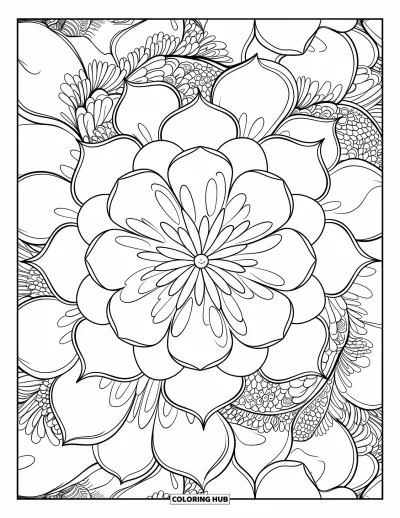 Blumenmandala-Ausmalbild für Erwachsene: Kamelienblätter blühen in einem ruhigen Mandala mit sanften floralen Wiederholungen