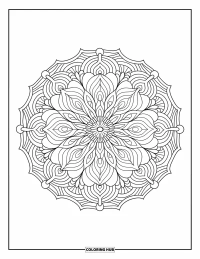 Blumenmandala-Ausmalbild für Erwachsene: Chrysanthemen- und Lotusblütenblätter wirbeln zusammen in einem ruhigen, geschichteten Mandala