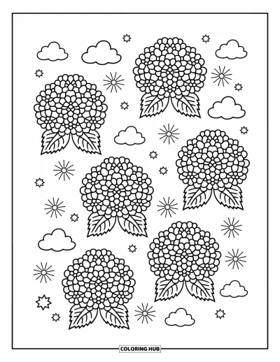 Blumenmandala-Ausmalbild für Erwachsene: Gebündelte Hortensien bilden ein lebhaftes Mandala mit Wolken, Blütenblättern und verspielten Sternen