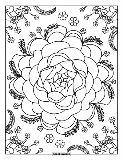 Blumenmandala-Ausmalbild für Erwachsene: Geschwungene Pfingstrosen verweben sich in Kreisen mit kleinen Schleifen und Blumenspitzen-Akzenten