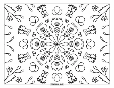 Blumenmandala-Ausmalbild für Erwachsene: Narzissen tanzen in Herzringen mit Musiknoten und wirbelnden Ranken