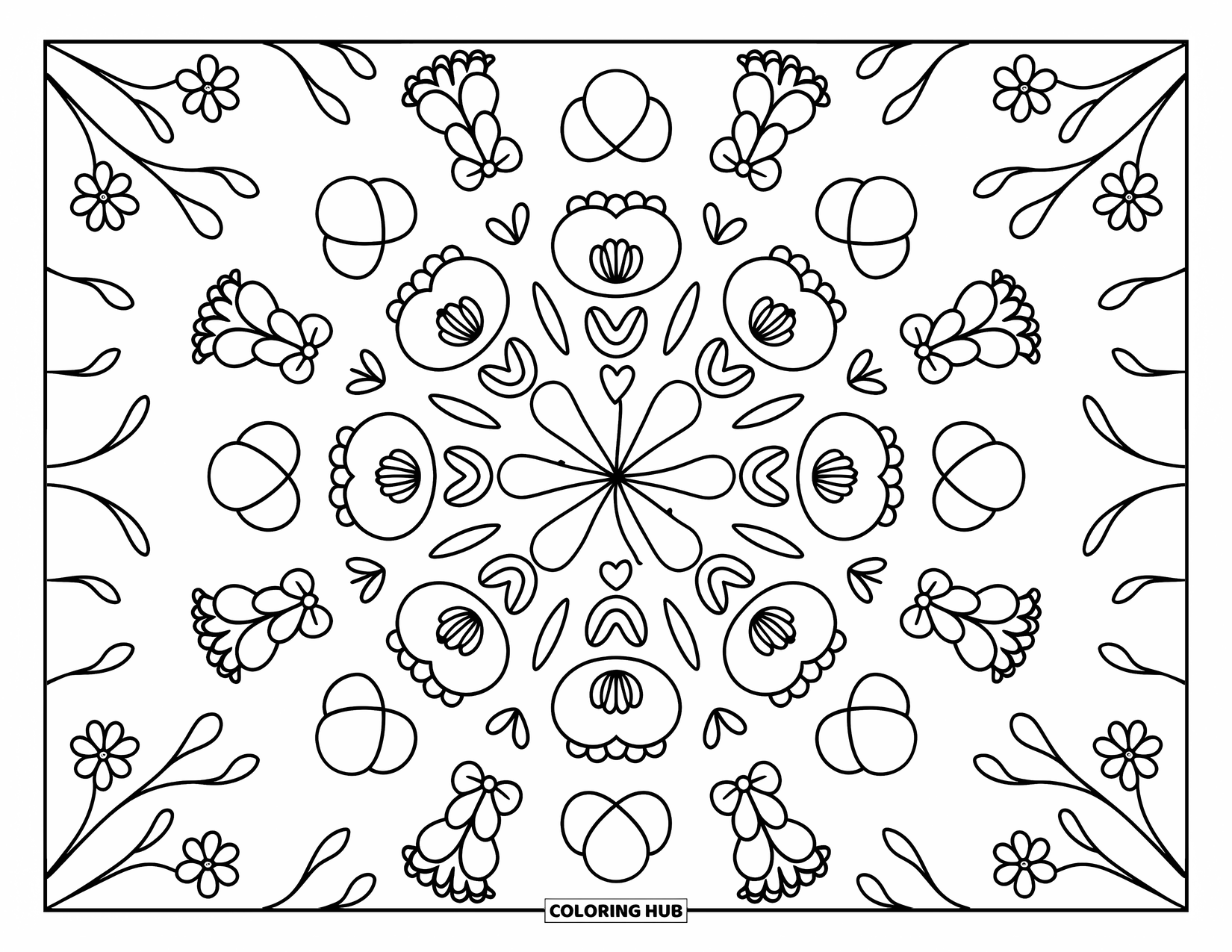 Bloemen Mandala Kleurplaat voor Volwassenen: Narcissen dansen in hartringen met muzieknoten en wervelende wijnranken