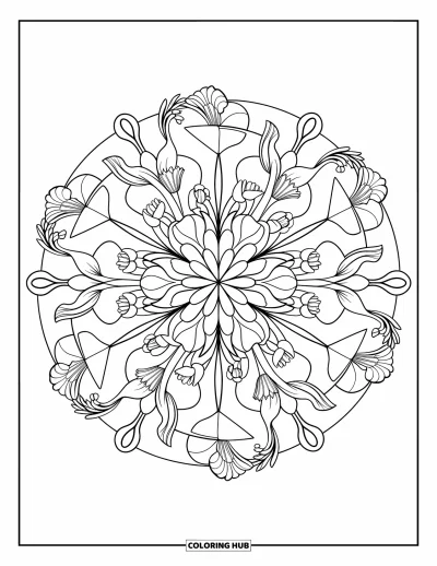 Blumenmandala-Ausmalbild für Erwachsene: Narzissen, Lilien und Wildblumen blühen in ausgewogener geometrischer Harmonie