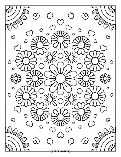 Blumenmandala-Ausmalbild für Erwachsene: Gänseblümchen kreisen zusammen mit runden Punkten, Herzen und Spiralwirbeln