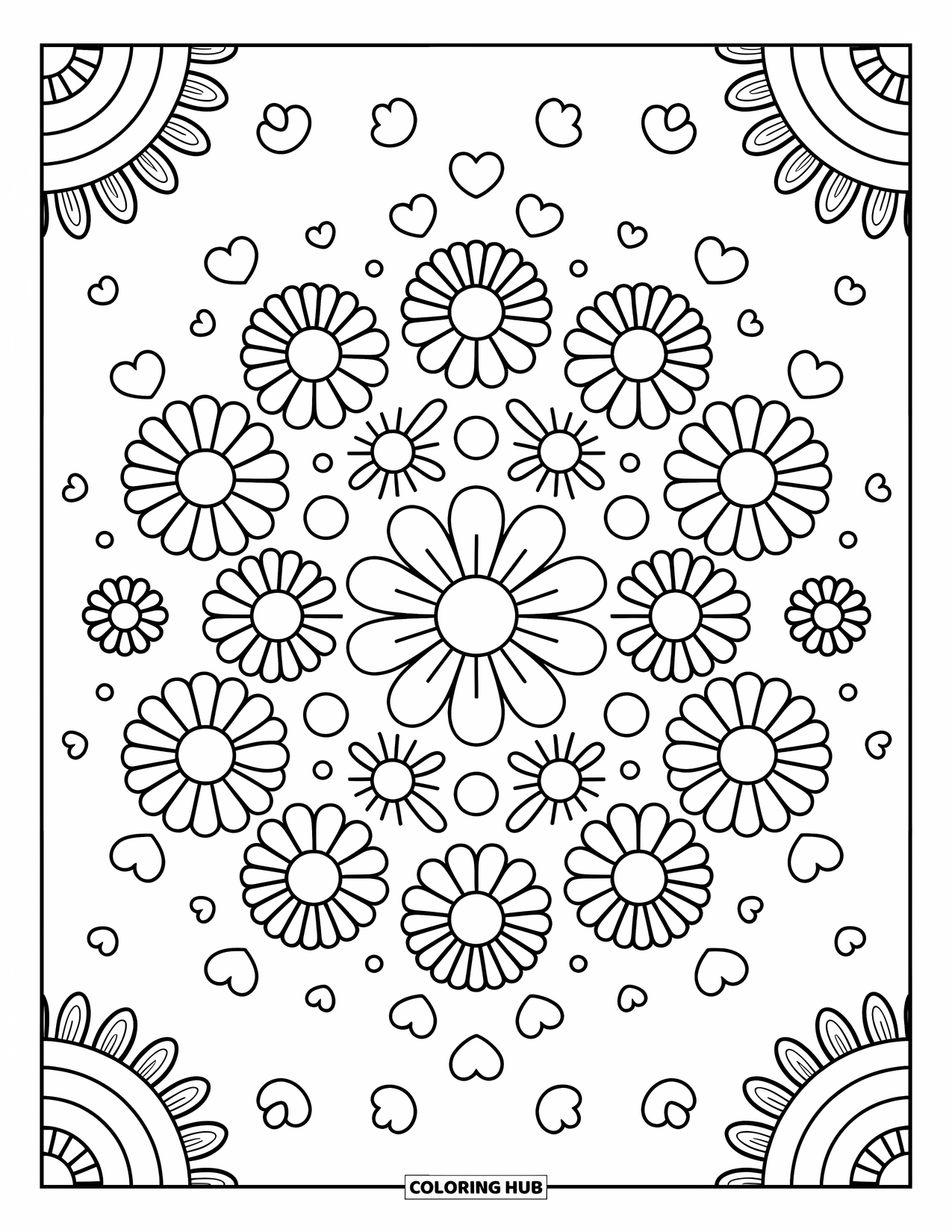 Bloemen Mandala Kleurplaat voor Volwassenen: Madeliefjes cirkelen samen met bubbelige stippen, harten en spiraalvormige wervelingen