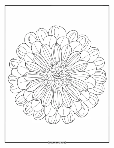 Blumenmandala-Ausmalbild für Erwachsene: Zarte Dahlienblütenblätter strahlen nach außen in einem kräftigen, beruhigenden Mandala