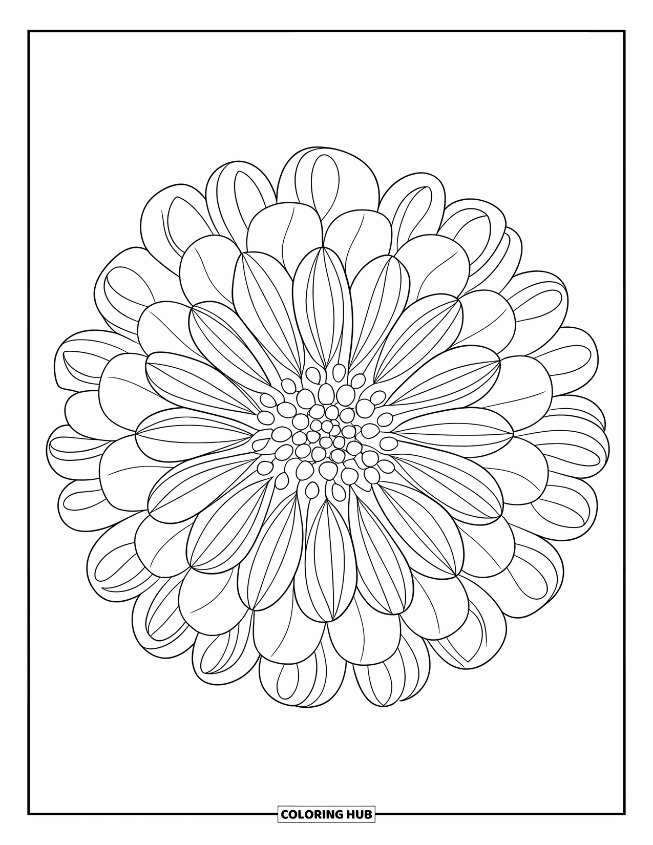 Bloemen Mandala Kleurplaat voor Volwassenen: Delicate dahlia bloemblaadjes stralen naar buiten in een gedurfde, rustgevende mandala