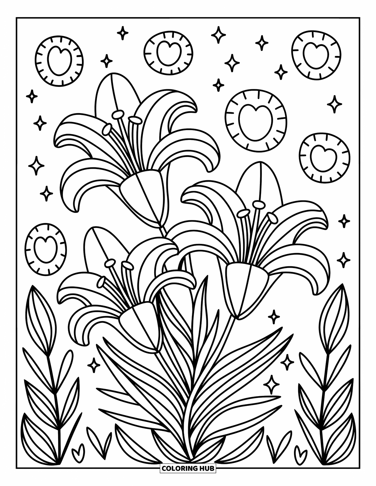 Bloemen Mandala Kleurplaat voor Volwassenen: Elegante lelies ontvouwen zich in lagen met sterren, harten en afgeronde bloemblaadjes