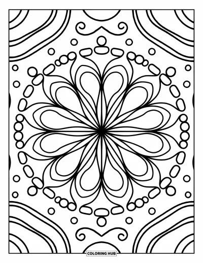 Blumenmandala-Ausmalbild für Erwachsene: Anmutige Lotusblütenblätter dehnen sich in Ringen mit verspielten Tropfen und fließenden Wellen aus