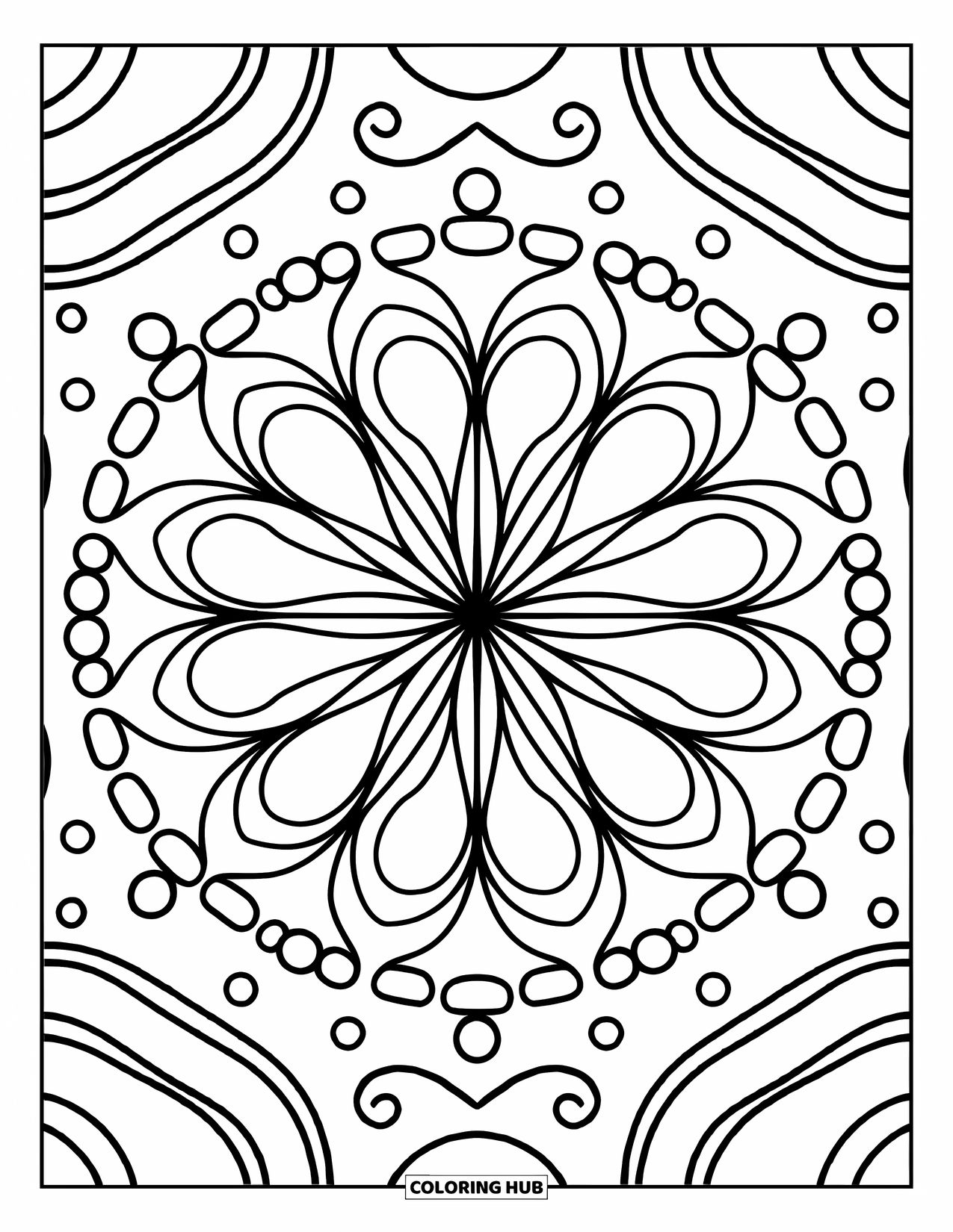 Bloemen Mandala Kleurplaat voor Volwassenen: Sierlijke lotusbloemblaadjes zetten uit in ringen met speelse druppels en vloeiende golven