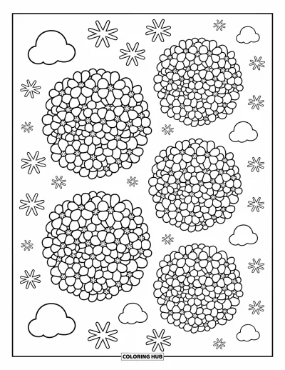 Blumenmandala-Ausmalbild für Erwachsene: Hortensienblüten wirbeln in runden Ebenen mit bauschigen Wolken und kleinen Blumenkritzeln