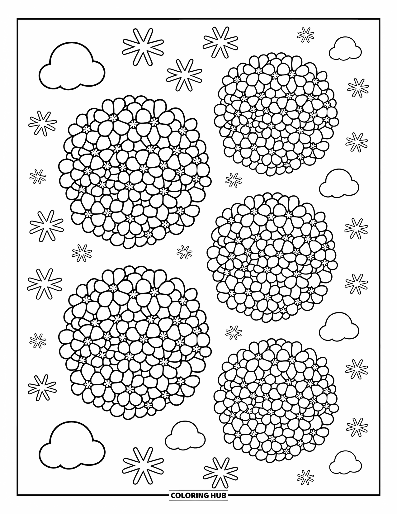 Bloemen Mandala Kleurplaat voor Volwassenen: Hortensiabloemen wervelen in cirkelvormige lagen met pluizige wolken en kleine bloemen doodles