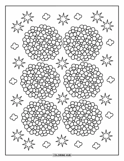 Blumenmandala-Ausmalbild für Erwachsene: Hortensien in verspielten Ringen sind von Wolken, Blütenblättern und geometrischen Kritzeleien umgeben