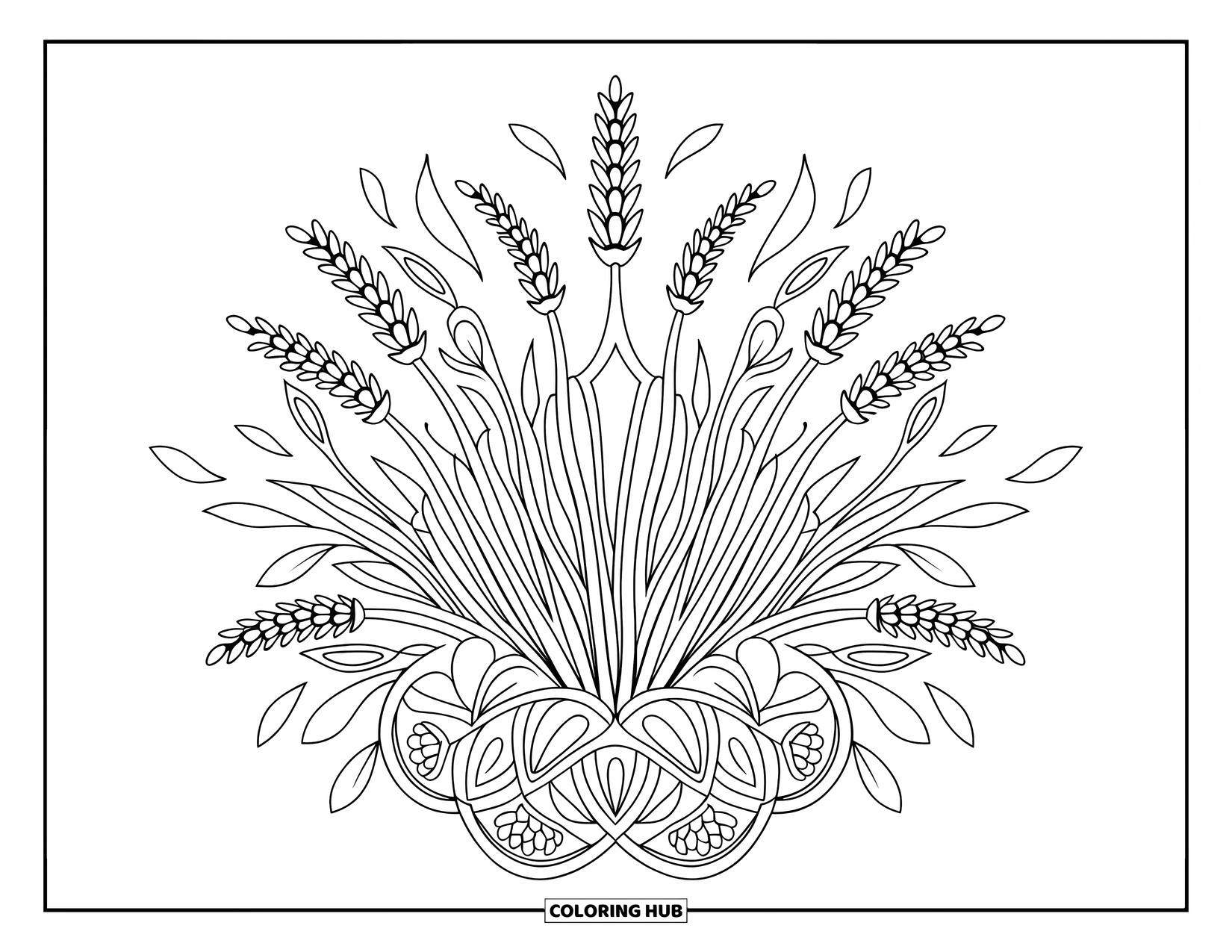 Bloemen Mandala Kleurplaat voor Volwassenen: Lavendelstengels wervelen in een kalmerende mandala met zachte bladeren en zachte symmetrie