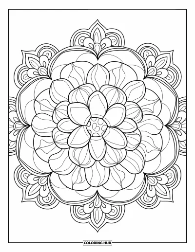 Blumenmandala-Ausmalbild für Erwachsene: Geschichtete Kamelien bilden ein raffiniertes Mandala mit klarer Symmetrie und Blumendetails