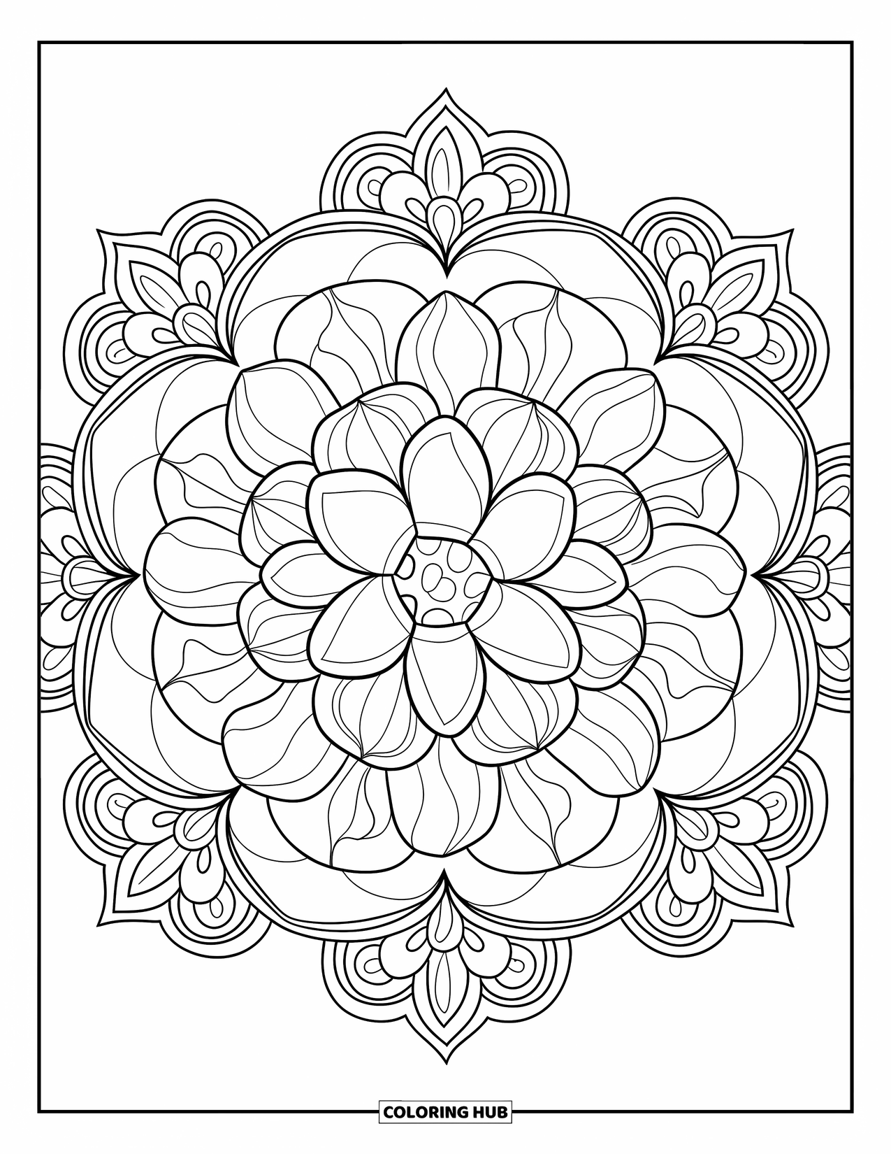 Bloemen Mandala Kleurplaat voor Volwassenen: Gelaagde camelia's vormen een verfijnde mandala met strakke symmetrie en bloemdetails