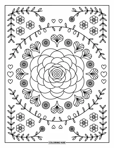 Blumenmandala-Ausmalbild für Erwachsene: Geschichtete Kamelien strahlen in der Mitte, umrahmt von Herzen und feinen Rankenwirbeln