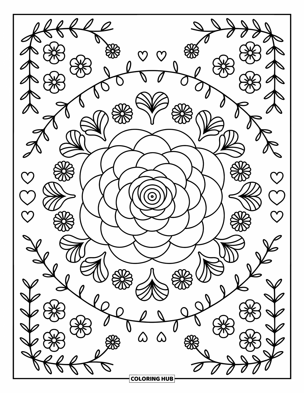Bloemen Mandala Kleurplaat voor Volwassenen: Gelaagde camelia's schitteren in het midden, omlijst door harten en delicate wijnrankwervelingen