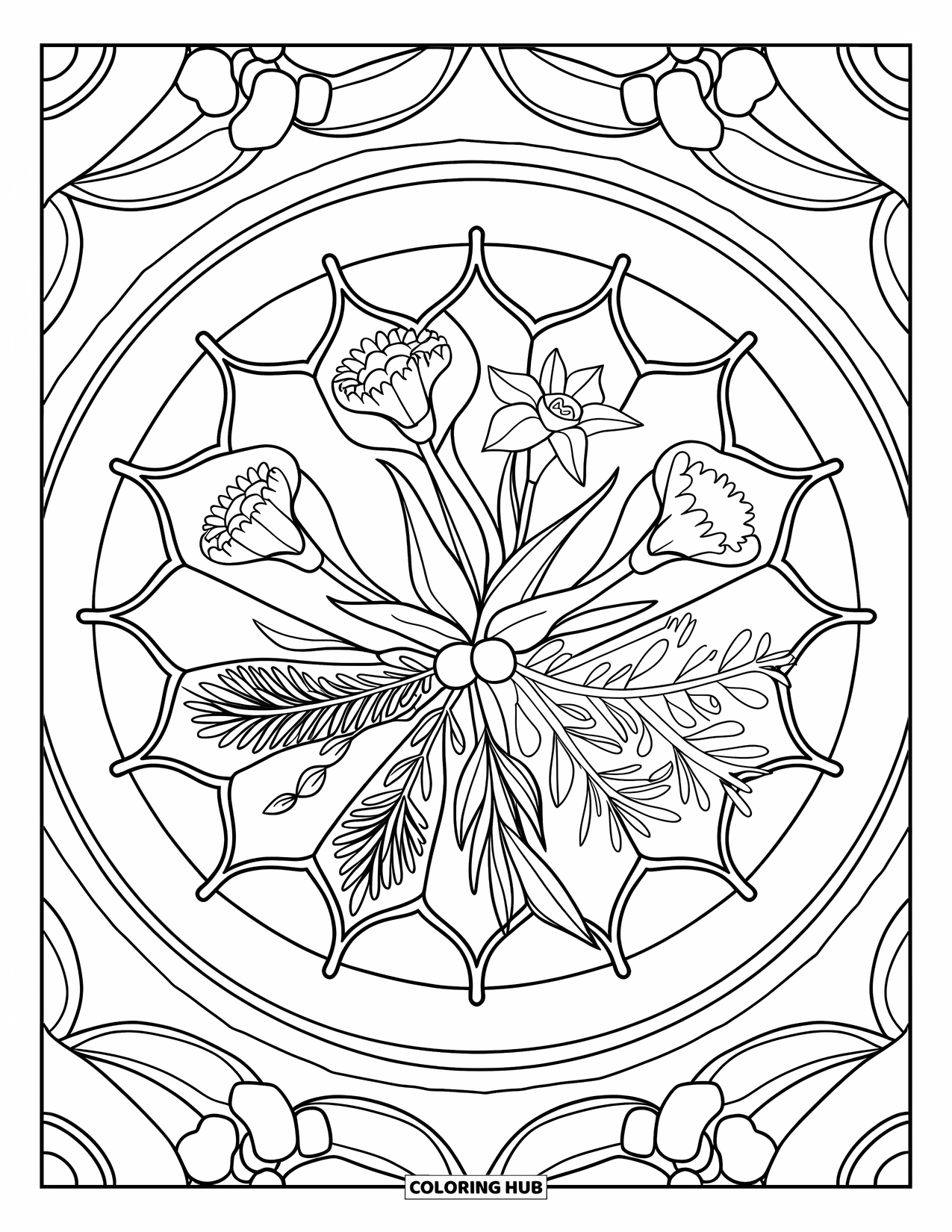 Bloemen Mandala Kleurplaat voor Volwassenen: Gelaagde narcissen en wilde bloemen wervelen met bladeren in een evenwichtige mandala