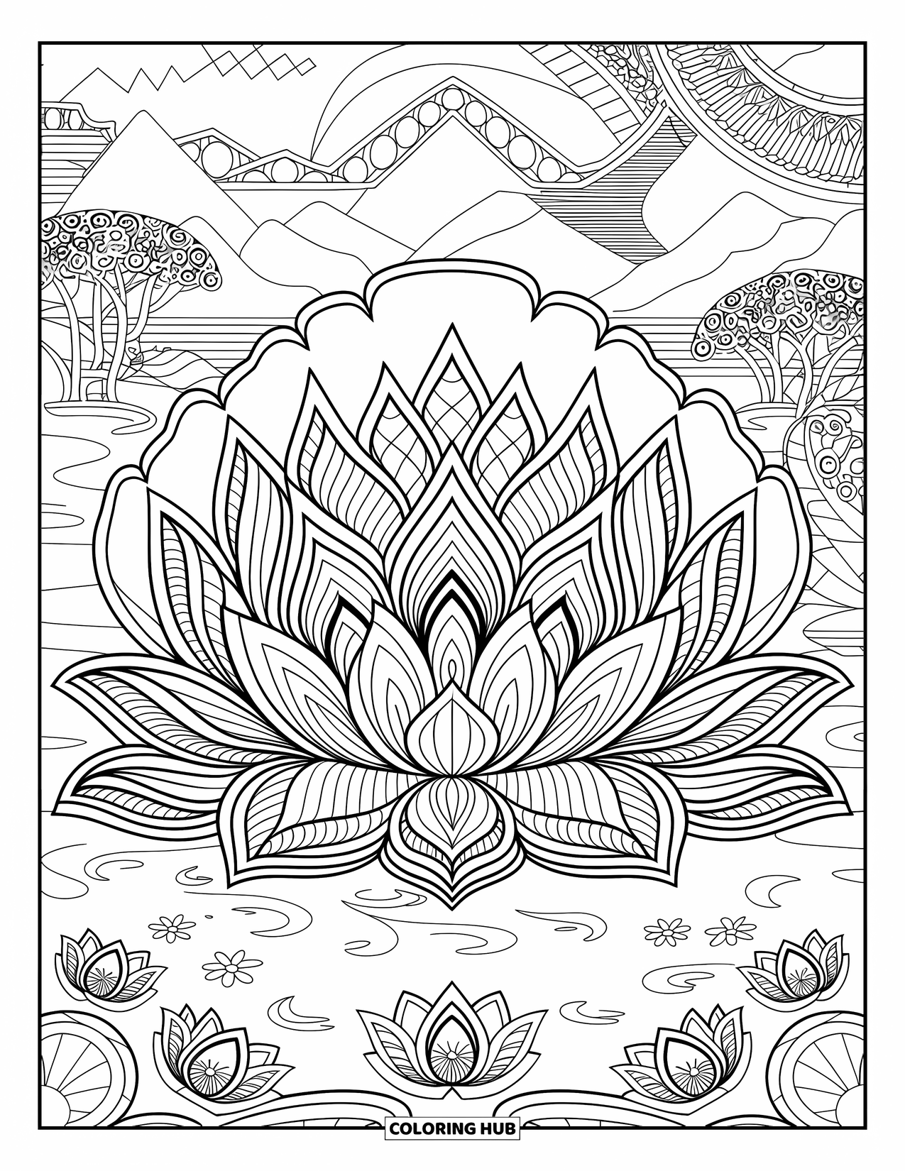 Bloemen Mandala Kleurplaat voor Volwassenen: Gelaagde lotus- en chrysantenbloemblaadjes bloeien in een vredig, heilig ontwerp