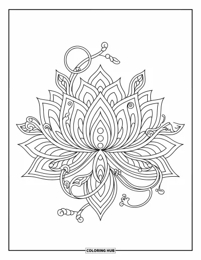 Blumenmandala-Ausmalbild für Erwachsene: Geschichtete Lotusblütenblätter und geschwungene Ranken formen ein friedliches Blumenmandala