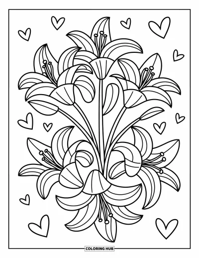 Blumenmandala-Ausmalbild für Erwachsene: Lilien blühen in sternartigen Ebenen mit schwebenden Herzen und verspielten Ovalen