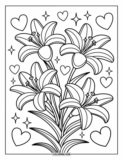 Blumenmandala-Ausmalbild für Erwachsene: Lilien leuchten in Sternmustern mit Glitzern, Herzen und schwebenden Ovalen